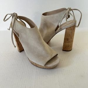 Pour La Victoire Women’s Suede Chunky Cork Heel Peep Toe Size 7.5 Lace Up Tan